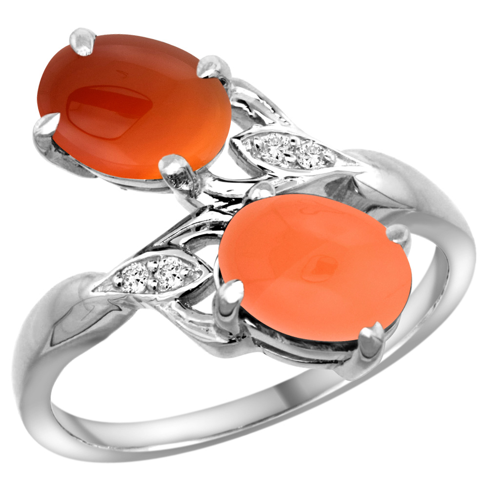 14k White Gold Diamond Natural Orange Moonstone &amp; Brown Agate 2-stone Ring Oval 8x6mm, sizes 5 - 10