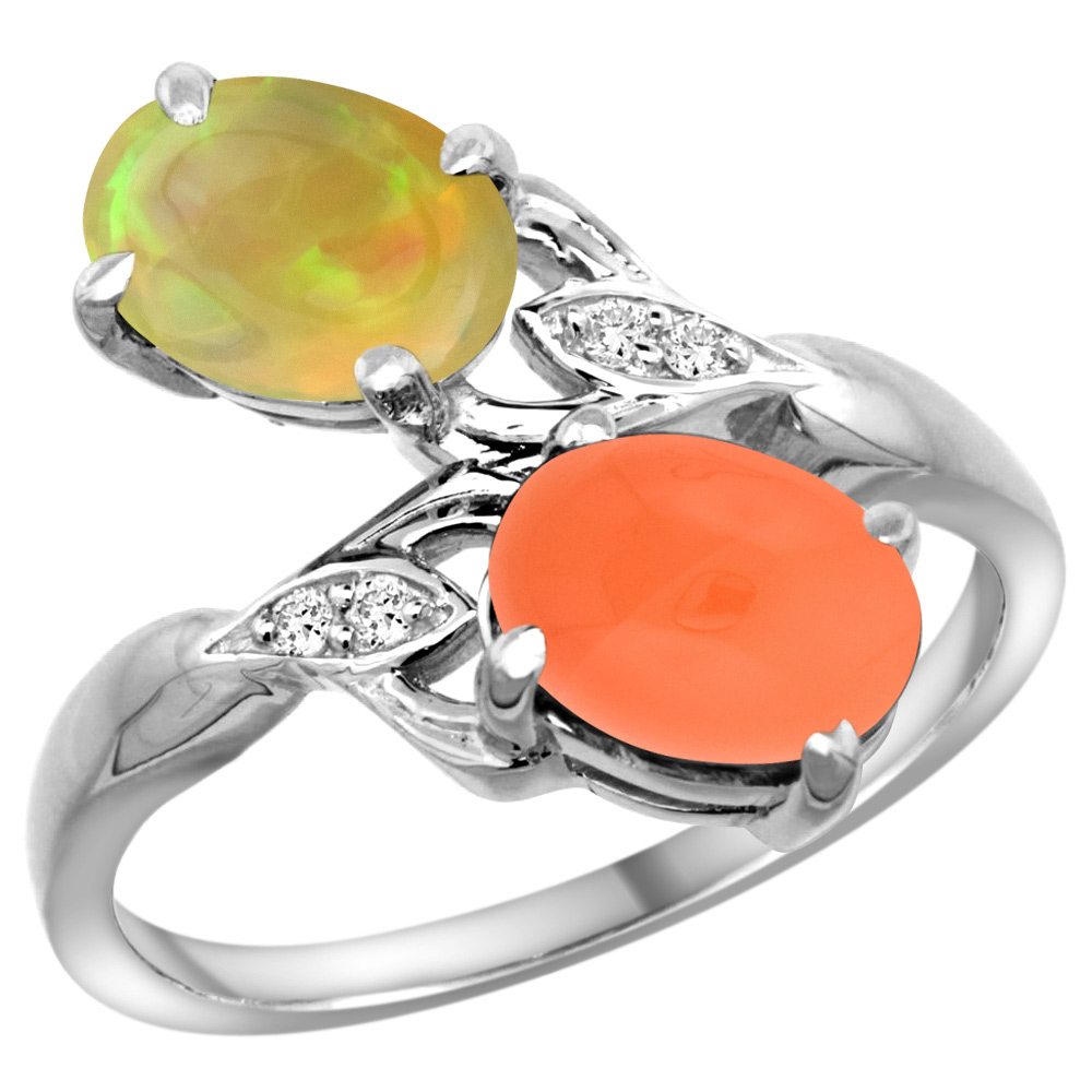 14K WHITE GOLD DIAMOND NATURAL ORANGE MOONSTONE & ETHIOPIAN OPAL 2-STONE MOTHERS RING OVAL 8X6MM,SZ5-10