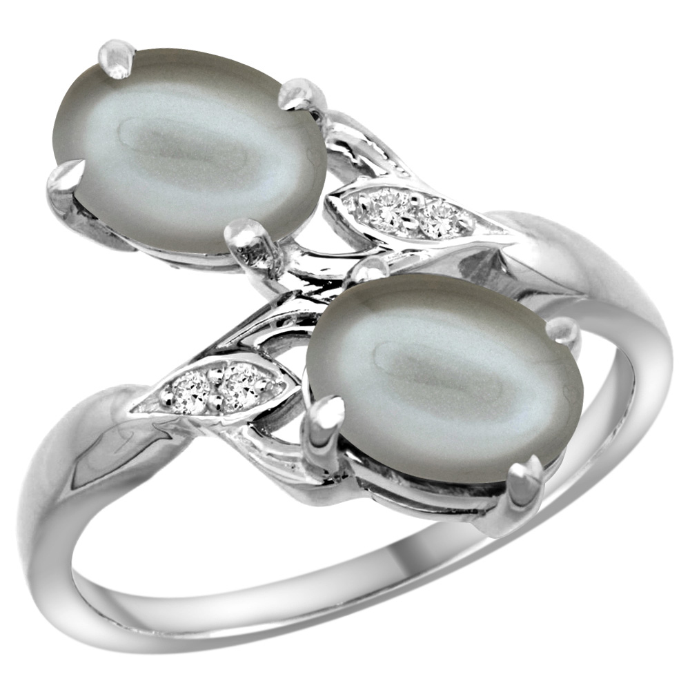 14K WHITE GOLD DIAMOND NATURAL GRAY MOONSTONE 2-STONE RING OVAL 8X6MM, SIZES 5 - 10