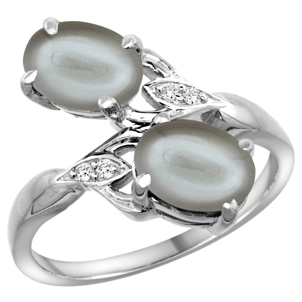 14k White Gold Diamond Natural Gray Moonstone 2-stone Ring Oval 8x6mm, sizes 5 - 10
