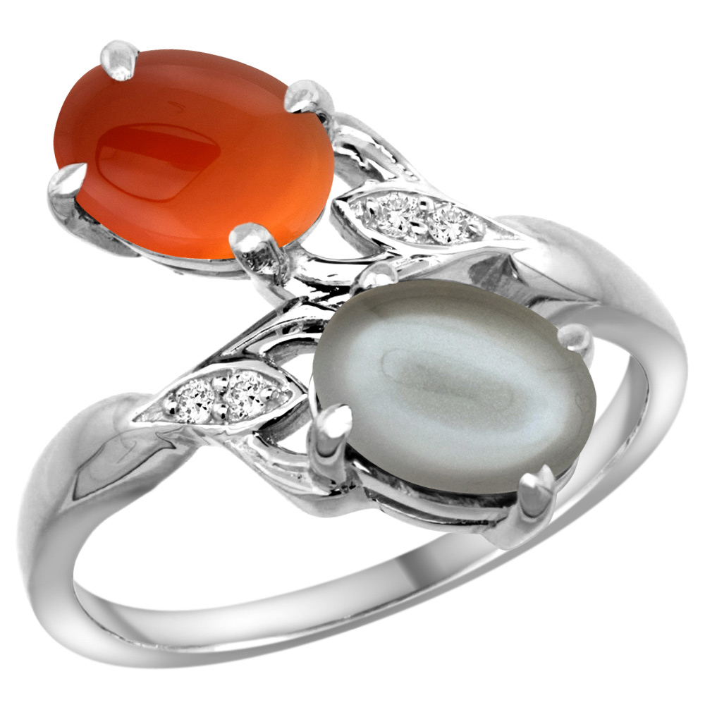 10K White Gold Diamond Natural Gray Moonstone &amp; Brown Agate 2-stone Ring Oval 8x6mm, sizes 5 - 10