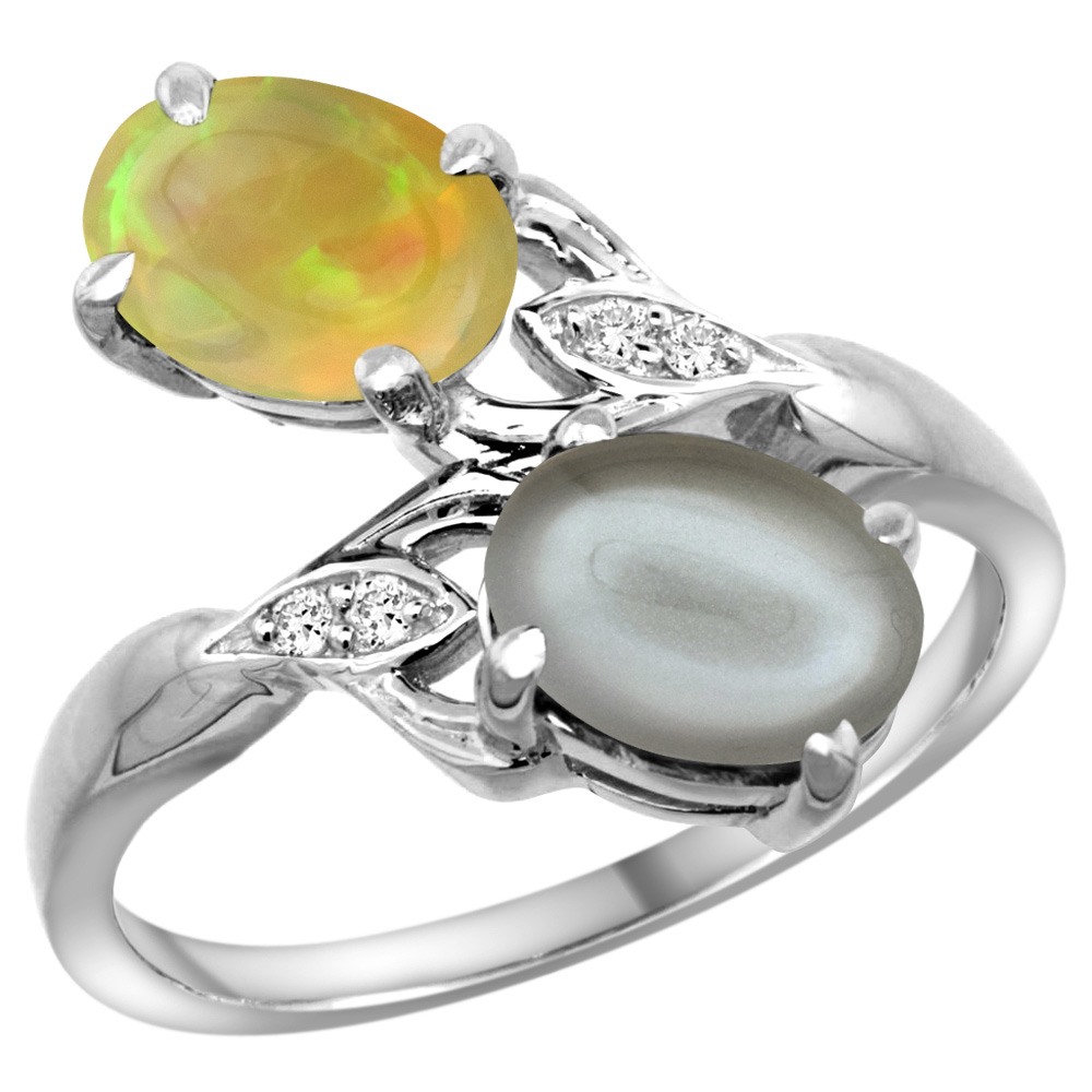 14k White Gold Diamond Natural Gray Moonstone &amp; Ethiopian Opal 2-stone Mothers Ring Oval 8x6mm, size 5-10