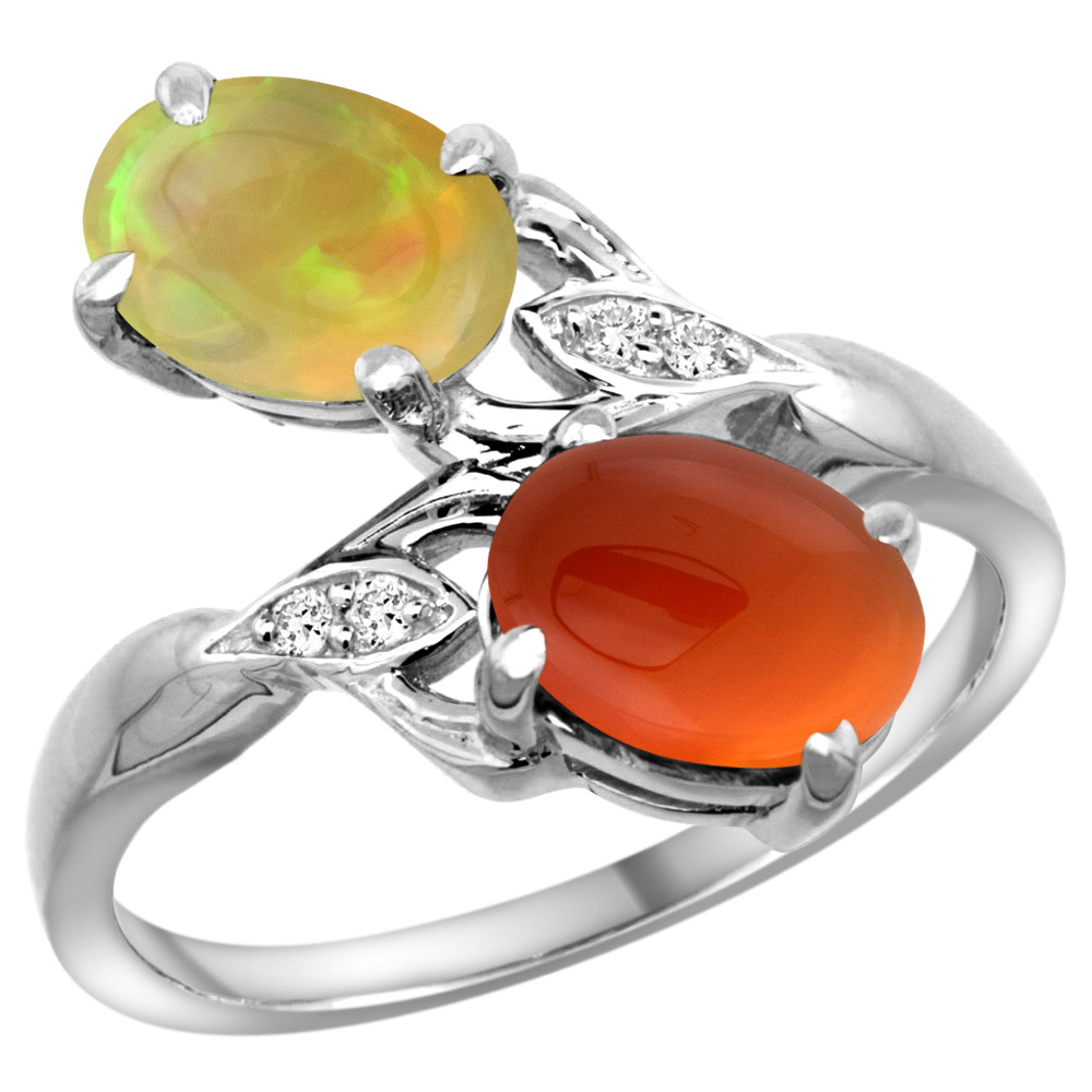 14k White Gold Diamond Natural Brown Agate &amp; Ethiopian Opal 2-stone Mothers Ring Oval 8x6mm, size 5 - 10