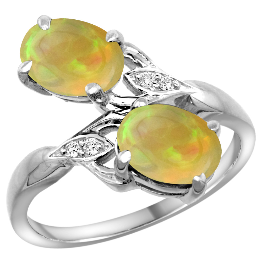 14k White Gold Diamond Natural Ethiopian Opal 2-stone Mothers Ring Oval 8x6mm, size 5 - 10