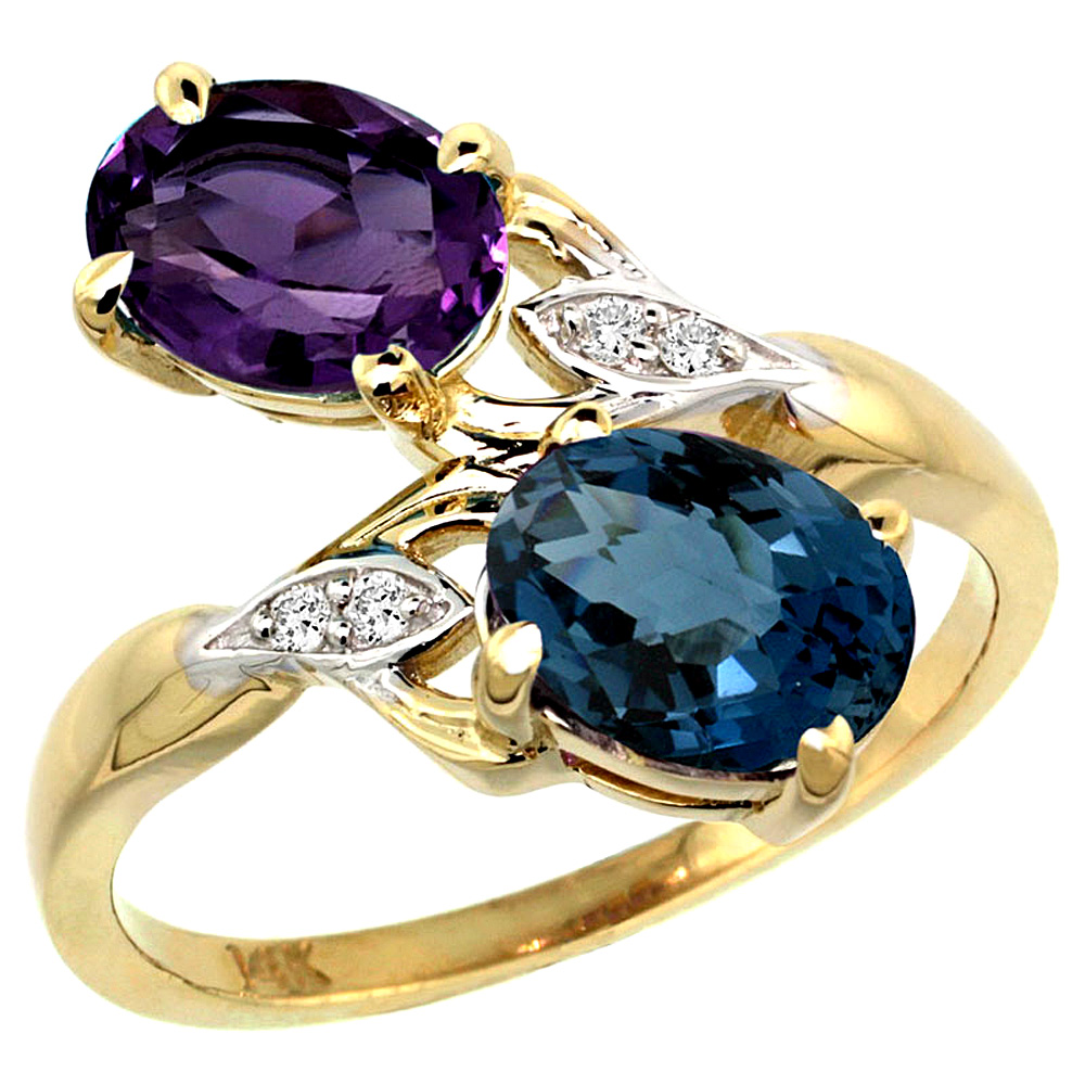 14K YELLOW GOLD DIAMOND NATURAL AMETHYST & LONDON BLUE TOPAZ 2-STONE RING OVAL 8X6MM, SIZES 5 - 10