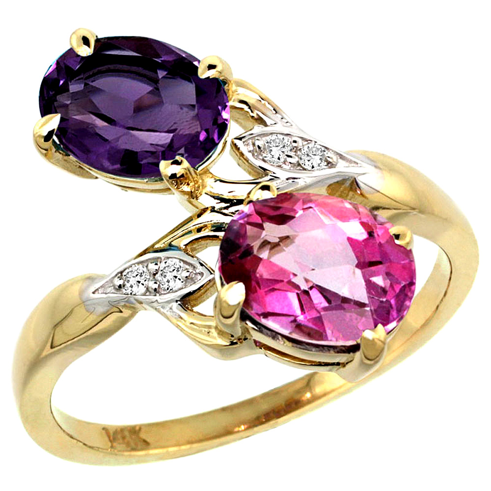 14K YELLOW GOLD DIAMOND NATURAL AMETHYST & PINK TOPAZ 2-STONE RING OVAL 8X6MM, SIZES 5 - 10