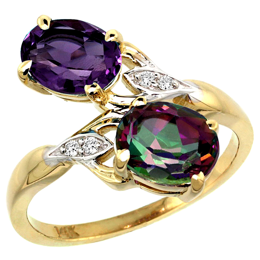 14K YELLOW GOLD DIAMOND NATURAL AMETHYST & MYSTIC TOPAZ 2-STONE RING OVAL 8X6MM, SIZES 5 - 10