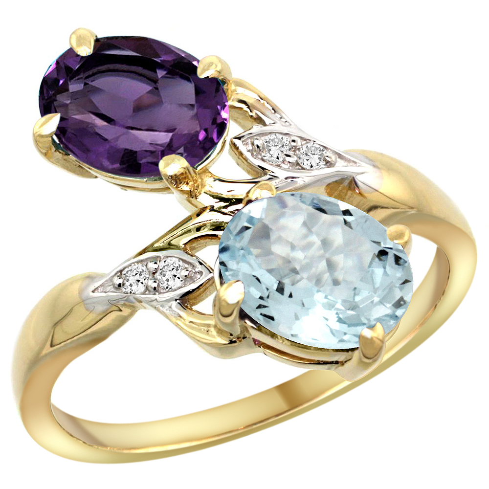 10K YELLOW GOLD DIAMOND NATURAL AMETHYST & AQUAMARINE 2-STONE RING OVAL 8X6MM, SIZES 5 - 10