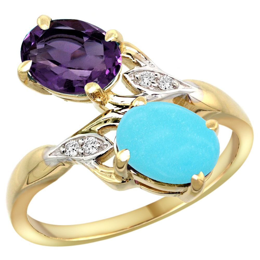 10K YELLOW GOLD DIAMOND NATURAL AMETHYST & TURQUOISE 2-STONE RING OVAL 8X6MM, SIZES 5 - 10