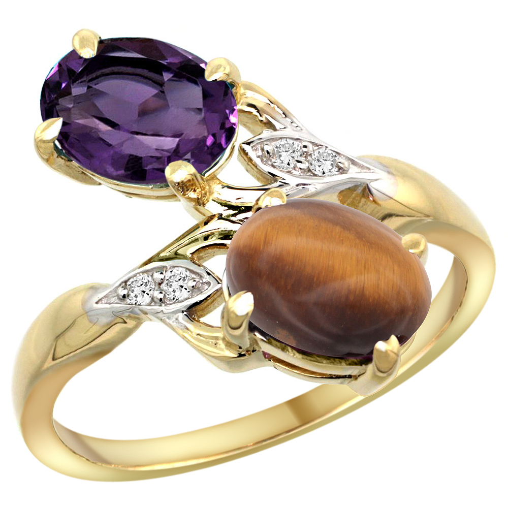 10K YELLOW GOLD DIAMOND NATURAL AMETHYST & TIGER EYE 2-STONE RING OVAL 8X6MM, SIZES 5 - 10