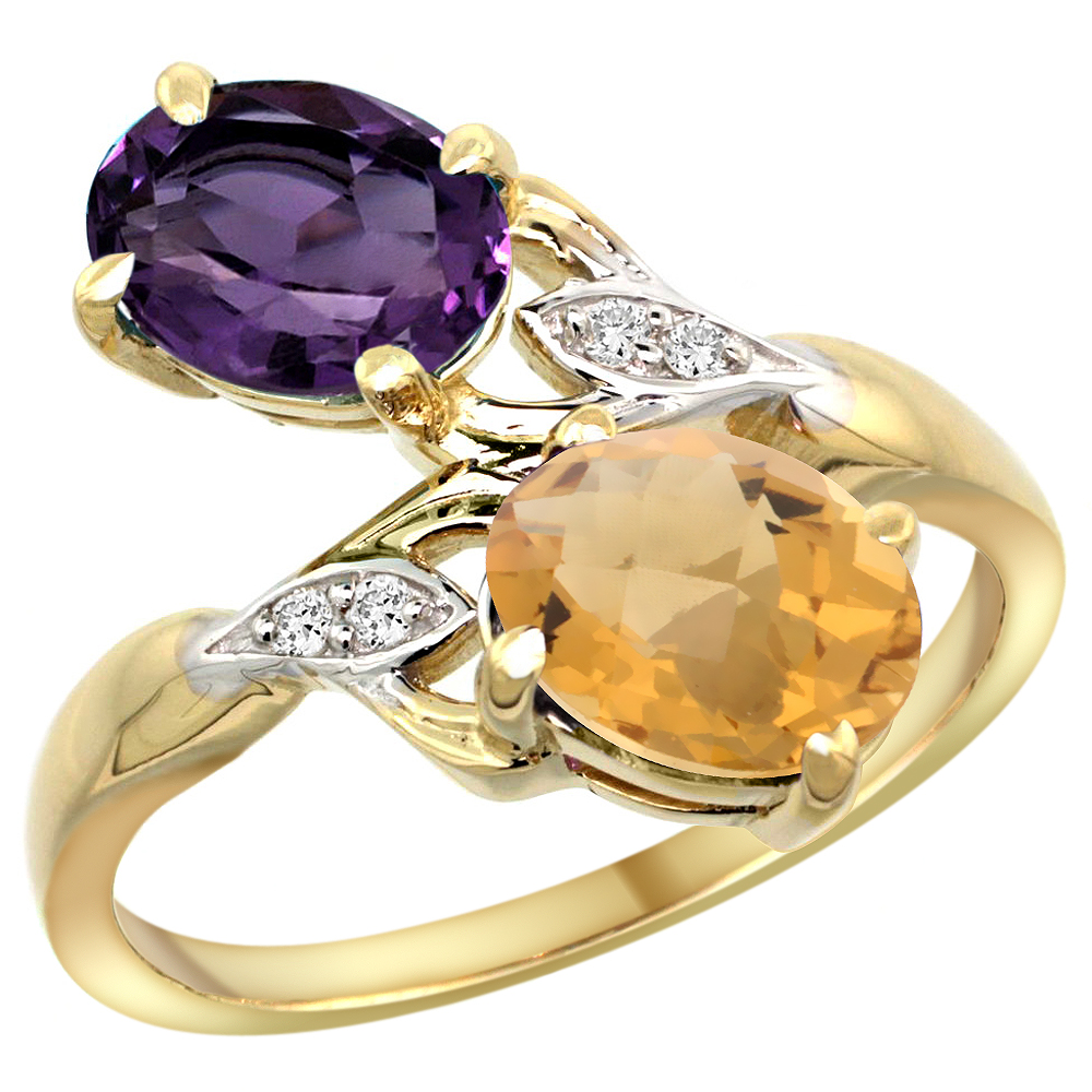 10K YELLOW GOLD DIAMOND NATURAL AMETHYST & WHISKY QUARTZ 2-STONE RING OVAL 8X6MM, SIZES 5 - 10