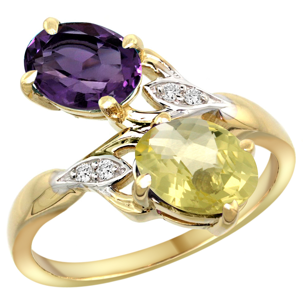 10K YELLOW GOLD DIAMOND NATURAL AMETHYST & LEMON QUARTZ 2-STONE RING OVAL 8X6MM, SIZES 5 - 10