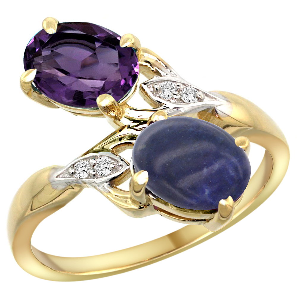 10K YELLOW GOLD DIAMOND NATURAL AMETHYST & LAPIS 2-STONE RING OVAL 8X6MM, SIZES 5 - 10
