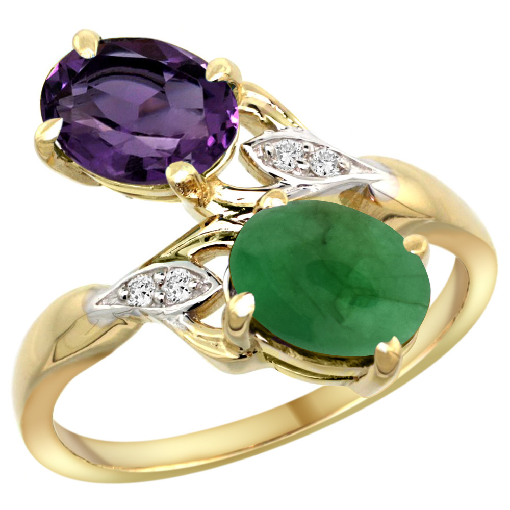 14k Yellow Gold Diamond Natural Amethyst &amp; Cabochon Emerald 2-stone Ring Oval 8x6mm, sizes 5 - 10
