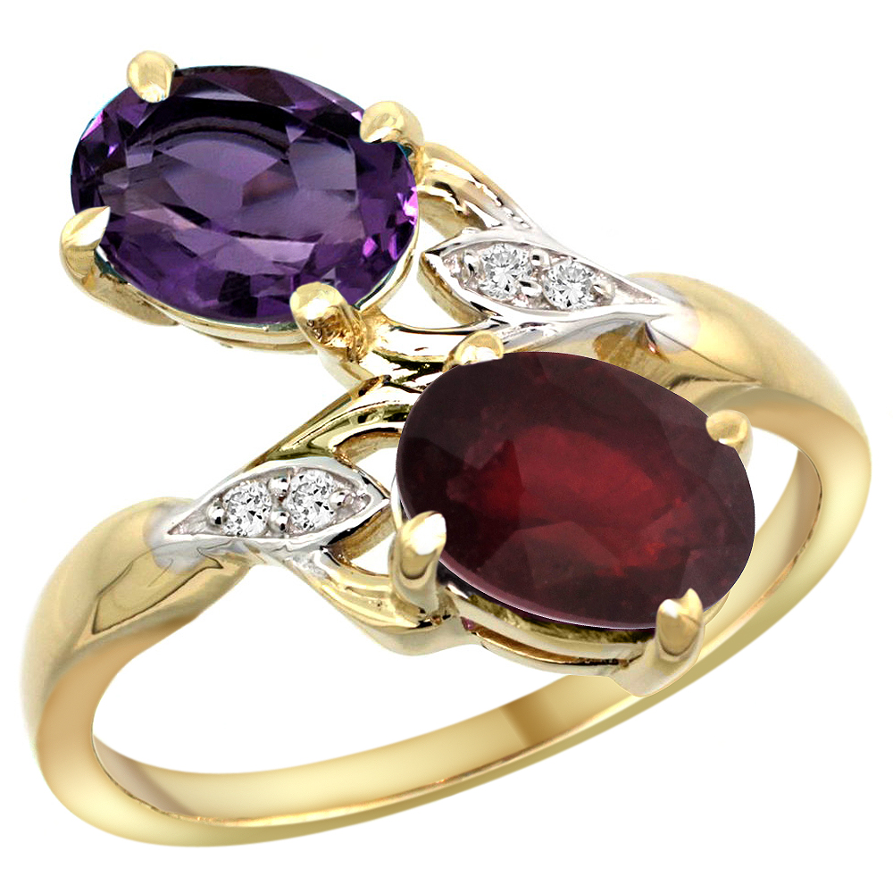 14k Yellow Gold Diamond Natural Amethyst &amp; Quality Ruby 2-stone Mothers Ring Oval 8x6mm, size 5 - 10