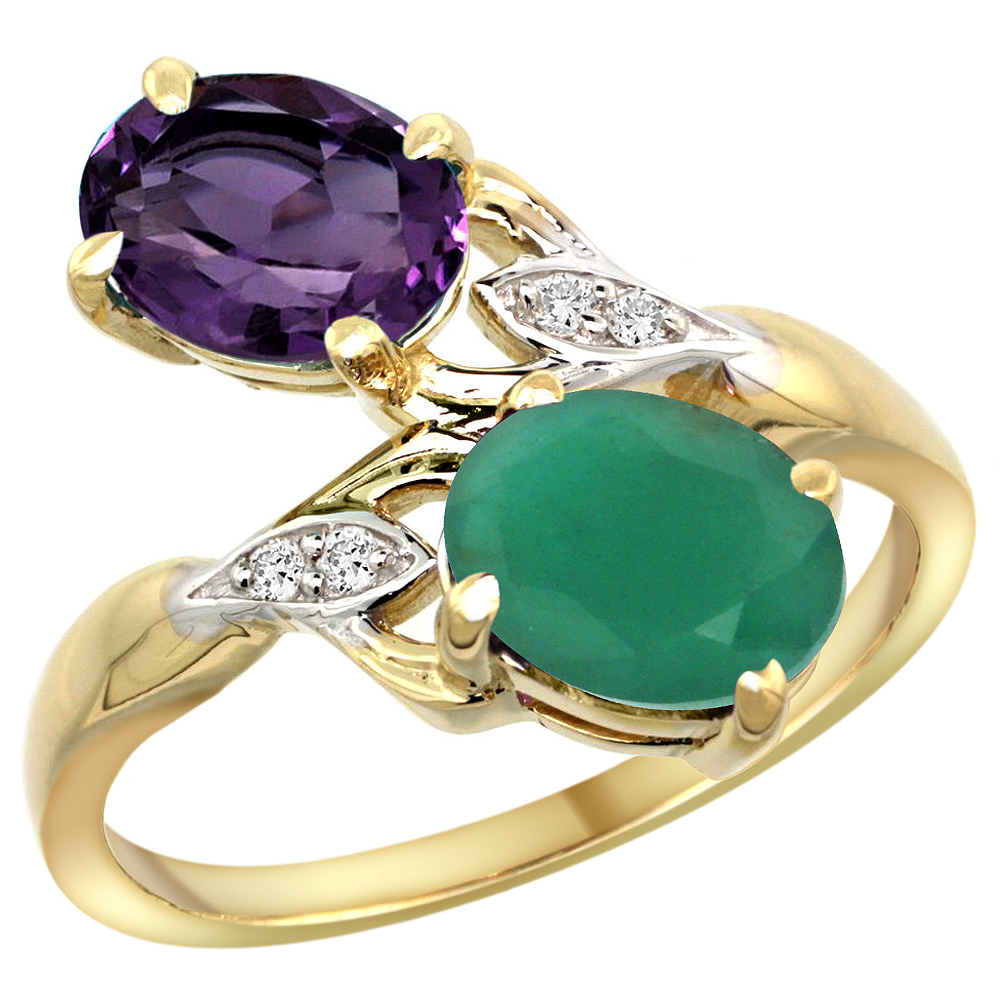 14K YELLOW GOLD DIAMOND NATURAL AMETHYST & QUALITY EMERALD 2-STONE MOTHERS RING OVAL 8X6MM, SIZE 5 - 10