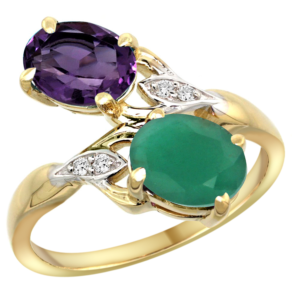 10K Yellow Gold Diamond Natural Amethyst &amp; Quality Emerald 2-stone Mothers Ring Oval 8x6mm, size 5 - 10
