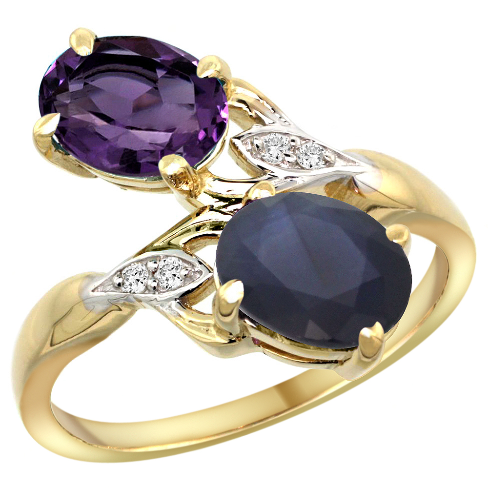 14k Yellow Gold Diamond Natural Amethyst & Quality Blue Sapphire 2-stone Mothers Ring Oval 8x6mm,sz5 - 10