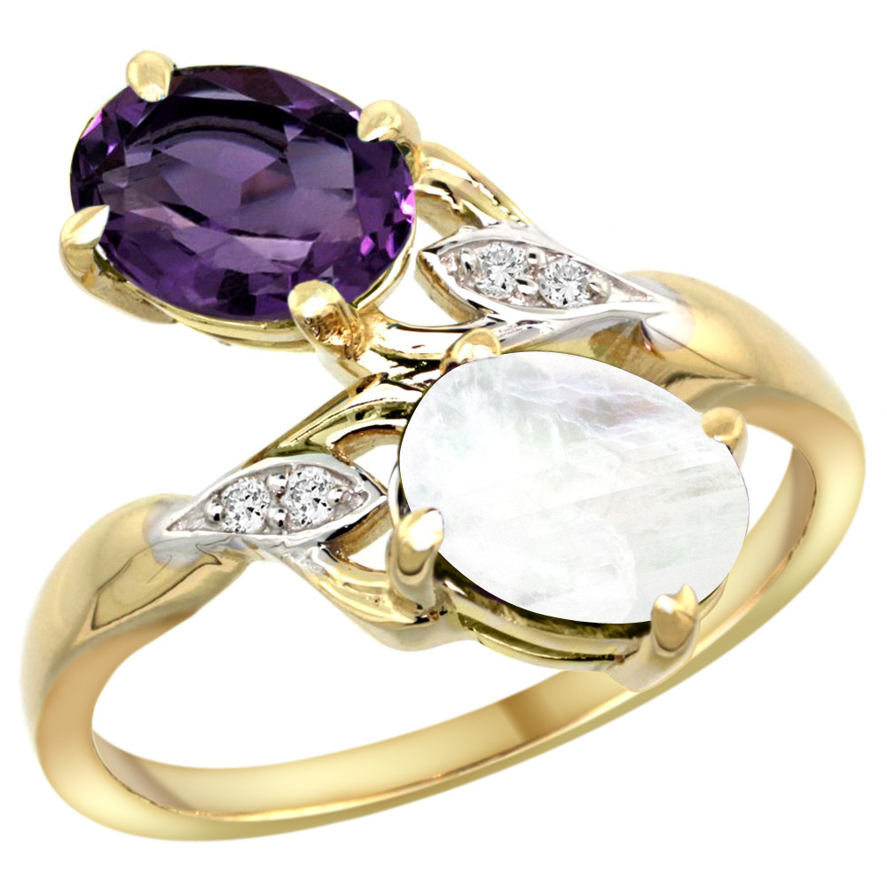 14K YELLOW GOLD DIAMOND NATURAL AMETHYST & RAINBOW MOONSTONE 2-STONE RING OVAL 8X6MM, SIZES 5 - 10