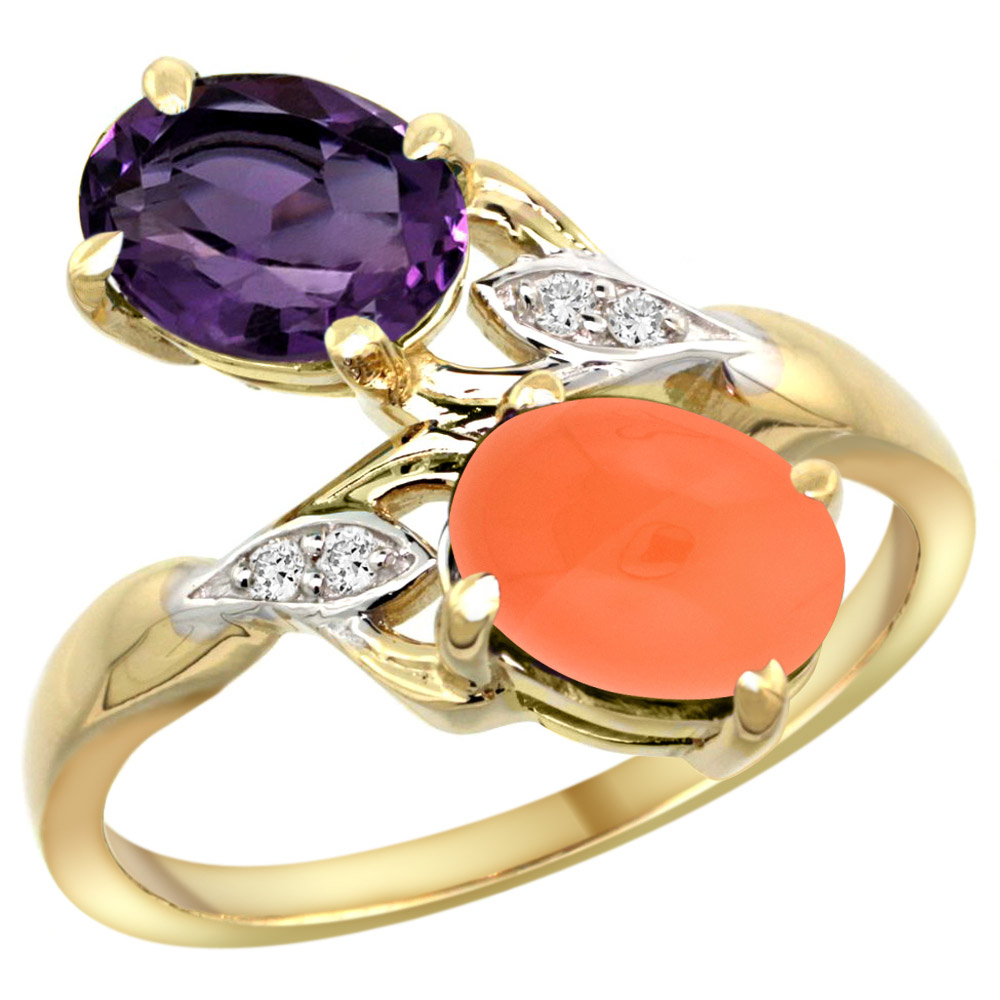 14K YELLOW GOLD DIAMOND NATURAL AMETHYST & ORANGE MOONSTONE 2-STONE RING OVAL 8X6MM, SIZES 5 - 10