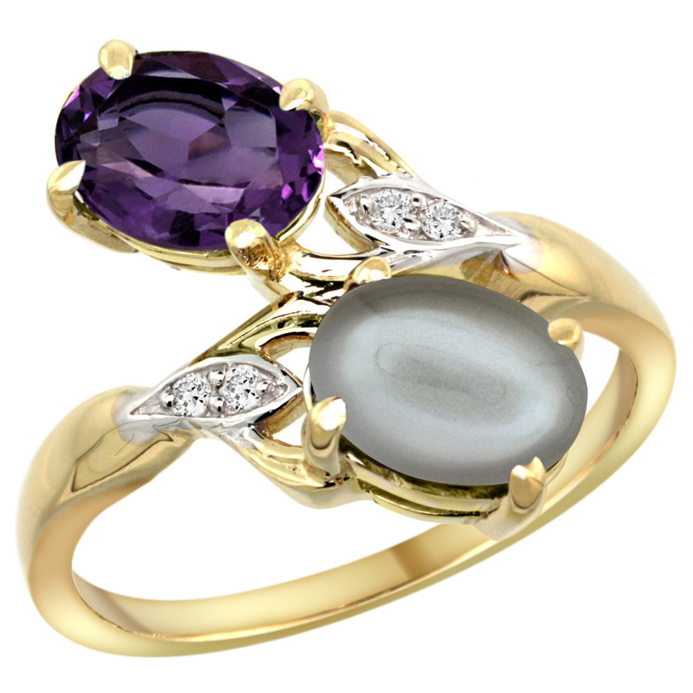 14K YELLOW GOLD DIAMOND NATURAL AMETHYST & GRAY MOONSTONE 2-STONE RING OVAL 8X6MM, SIZES 5 - 10