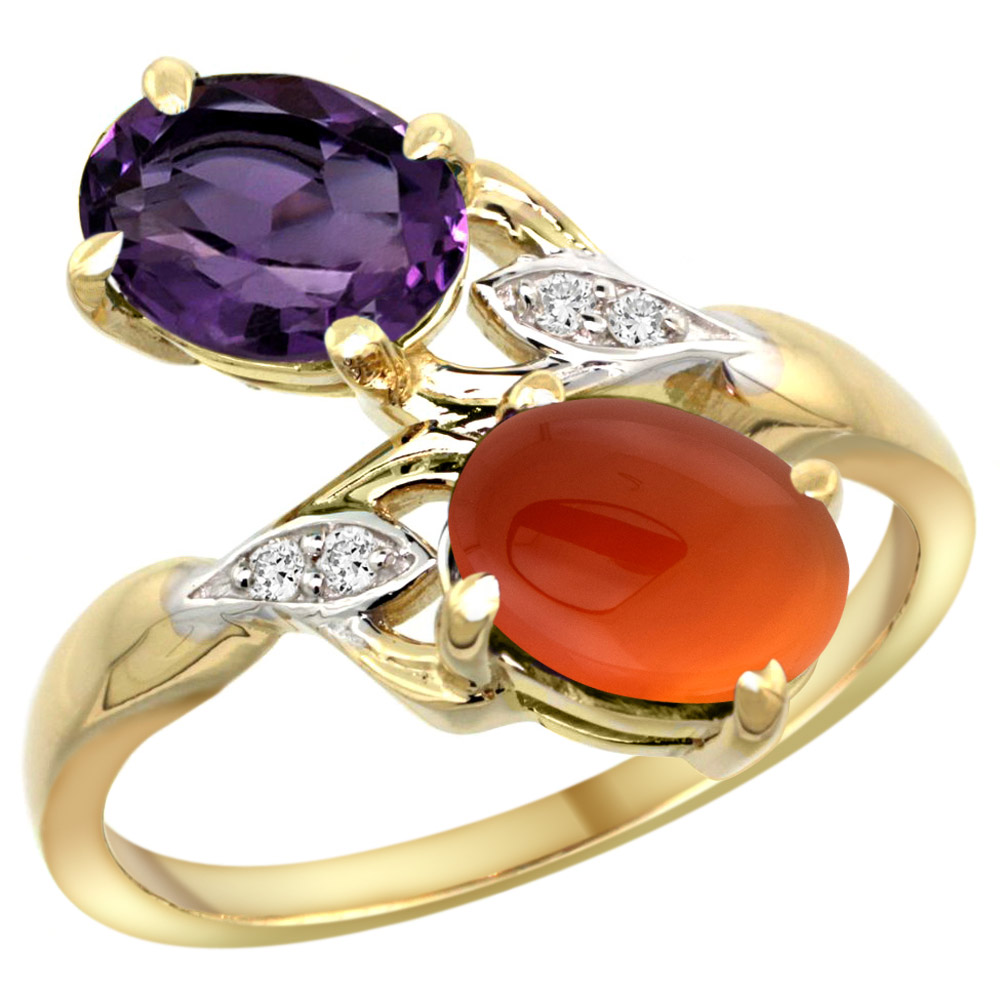 10K Yellow Gold Diamond Natural Amethyst &amp; Brown Agate 2-stone Ring Oval 8x6mm, sizes 5 - 10
