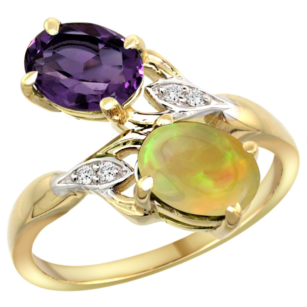 10K Yellow Gold Diamond Natural Amethyst &amp; Ethiopian Opal 2-stone Mothers Ring Oval 8x6mm, size 5 - 10