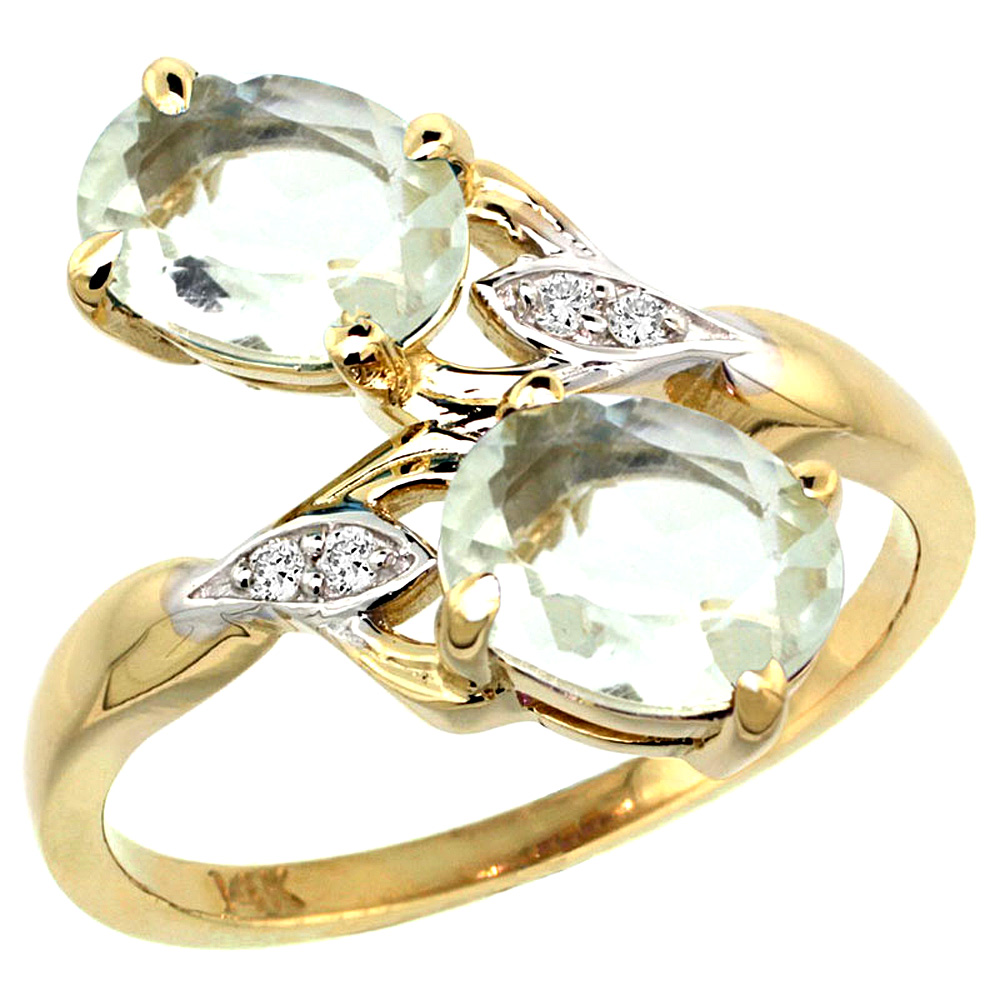 10K Yellow Gold Diamond Natural Green Amethyst 2-stone Ring Oval 8x6mm, sizes 5 - 10