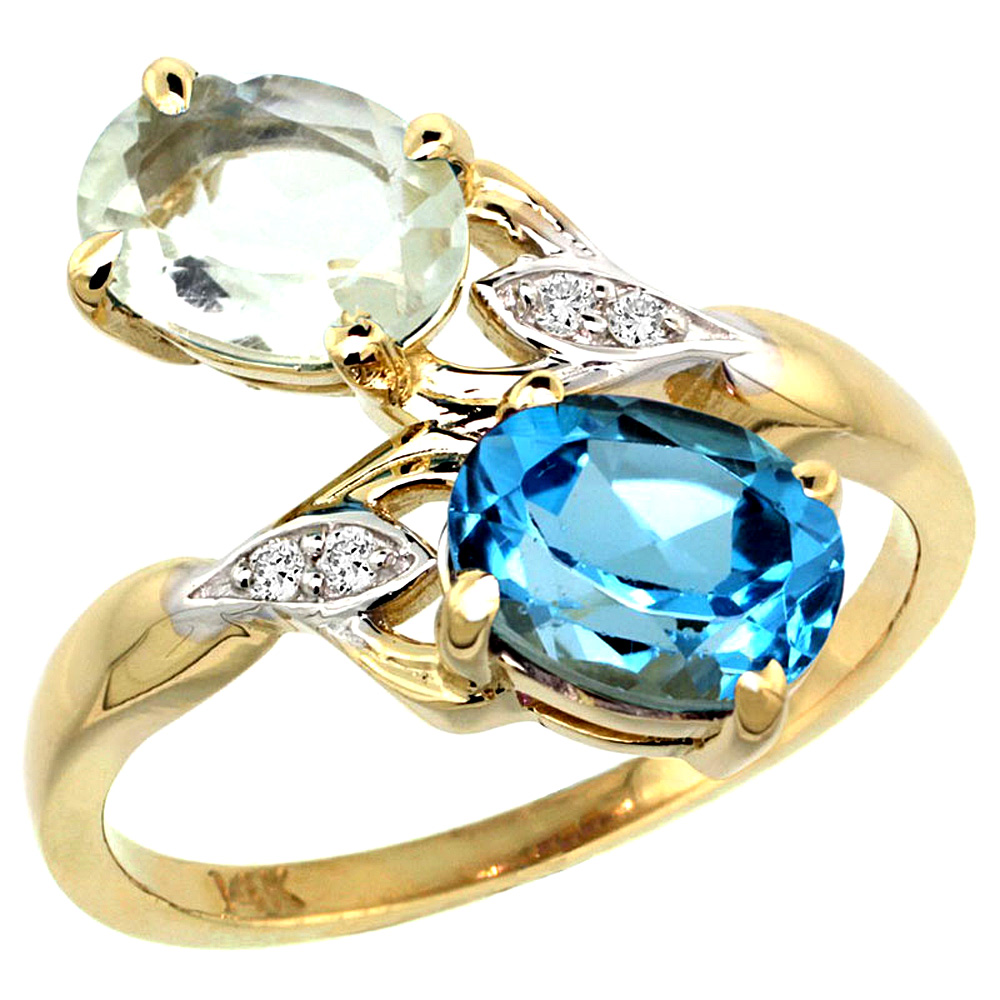 10K Yellow Gold Diamond Natural Green Amethyst &amp; Swiss Blue Topaz 2-stone Ring Oval 8x6mm, sizes 5 - 10