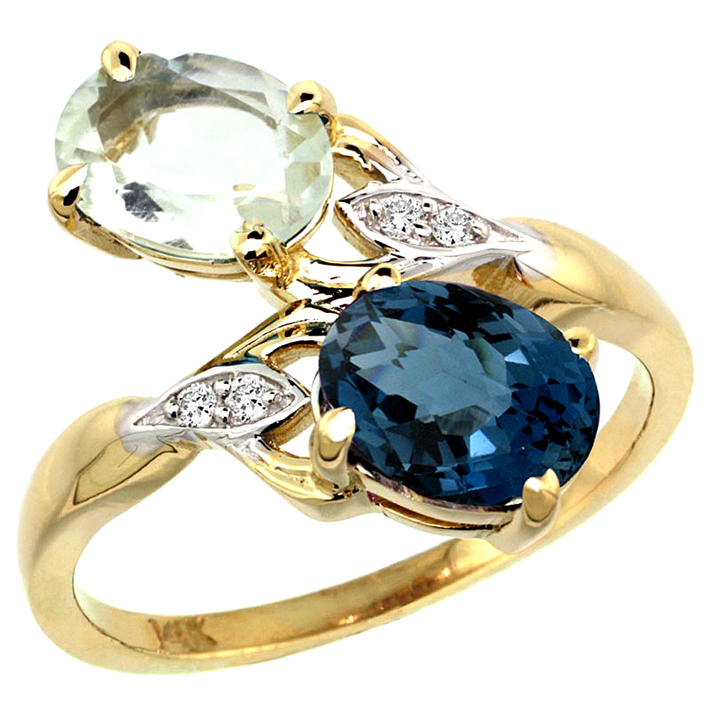 14k Yellow Gold Diamond Natural Green Amethyst &amp; London Blue Topaz 2-stone Ring Oval 8x6mm, sizes 5 - 10