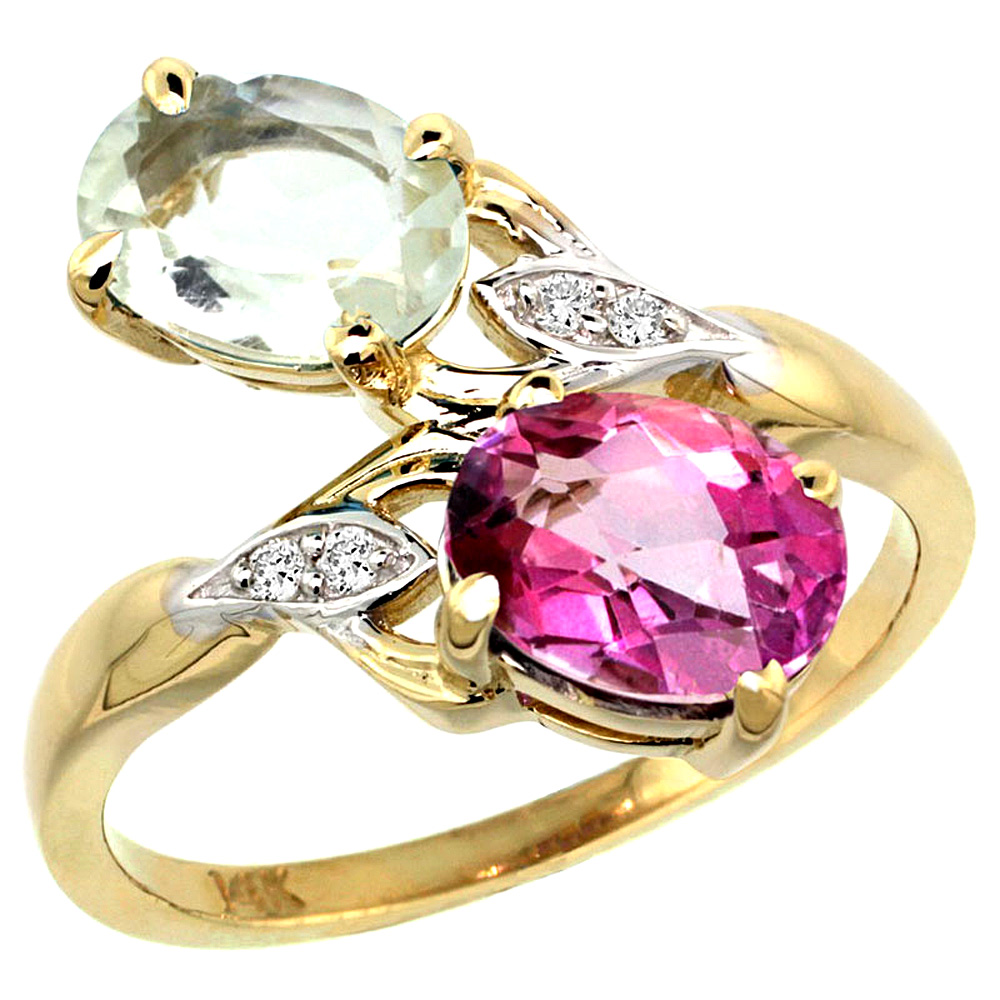 10K Yellow Gold Diamond Natural Green Amethyst &amp; Pink Topaz 2-stone Ring Oval 8x6mm, sizes 5 - 10