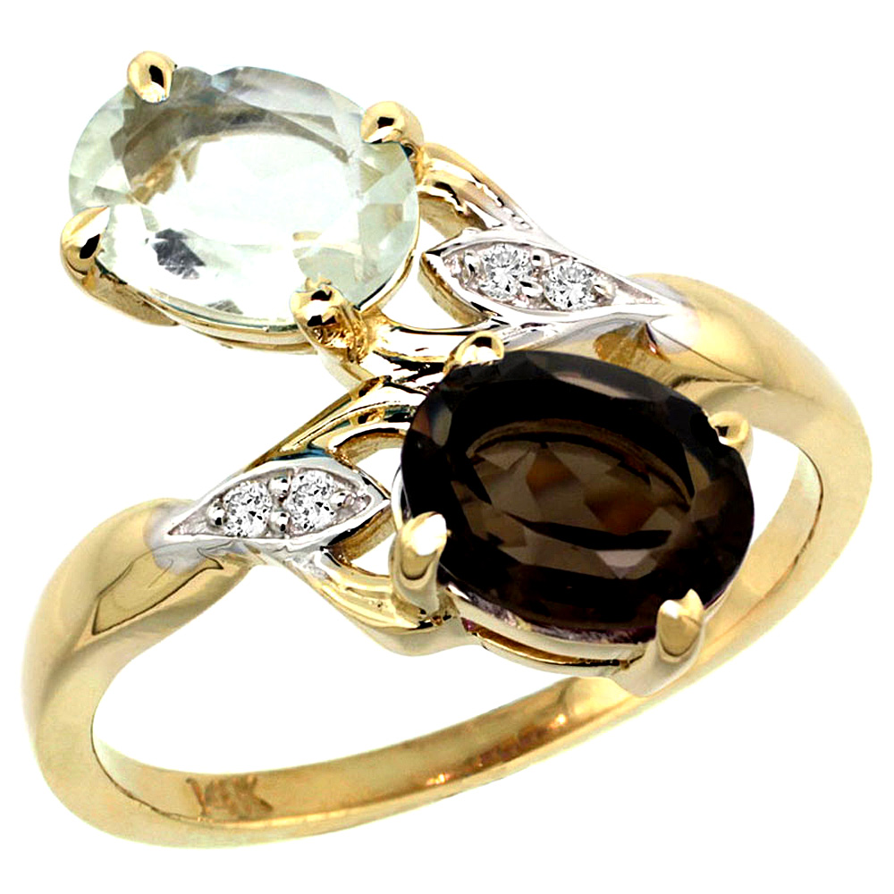 14K YELLOW GOLD DIAMOND NATURAL GREEN AMETHYST & SMOKY TOPAZ 2-STONE RING OVAL 8X6MM, SIZES 5 - 10