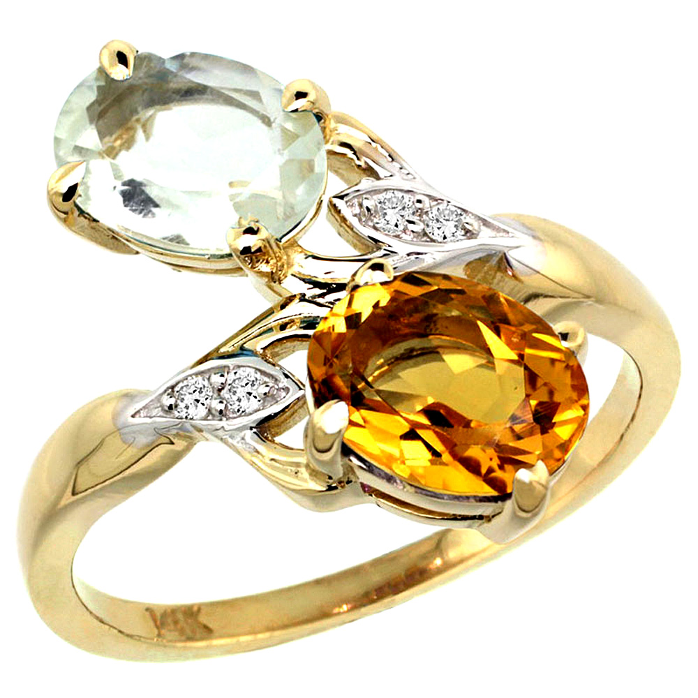 14k Yellow Gold Diamond Natural Green Amethyst &amp; Citrine 2-stone Ring Oval 8x6mm, sizes 5 - 10