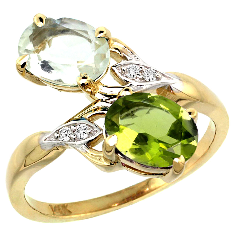 14k Yellow Gold Diamond Natural Green Amethyst &amp; Peridot 2-stone Ring Oval 8x6mm, sizes 5 - 10