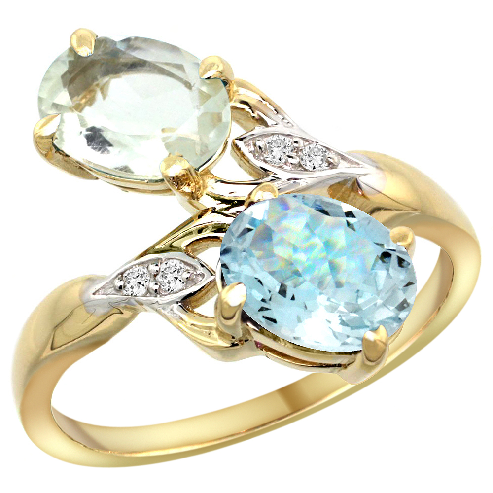 14k Yellow Gold Diamond Natural Green Amethyst &amp; Aquamarine 2-stone Ring Oval 8x6mm, sizes 5 - 10