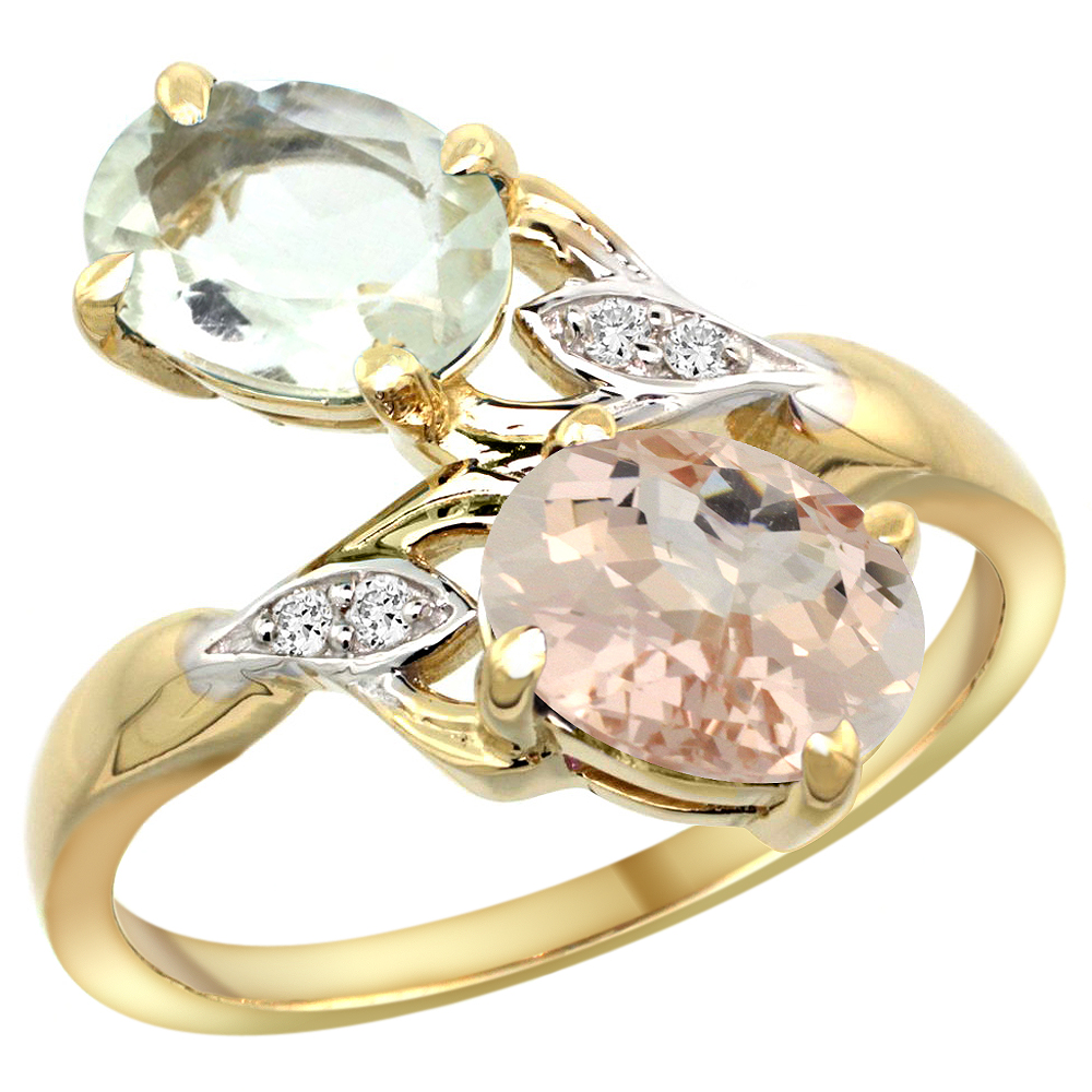 14K YELLOW GOLD DIAMOND NATURAL GREEN AMETHYST & MORGANITE 2-STONE RING OVAL 8X6MM, SIZES 5 - 10