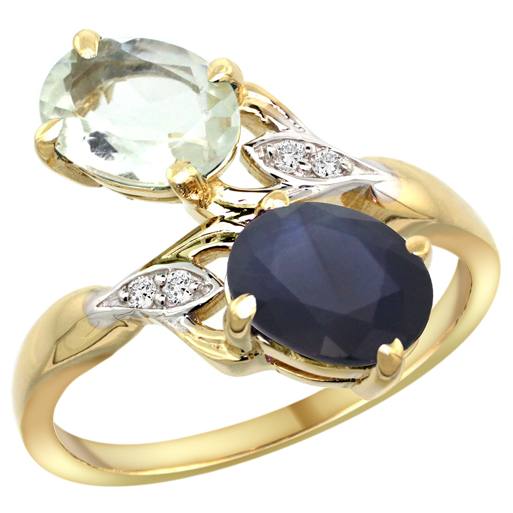 10K Yellow Gold Diamond Natural Green Amethyst &amp; Blue Sapphire 2-stone Ring Oval 8x6mm, sizes 5 - 10