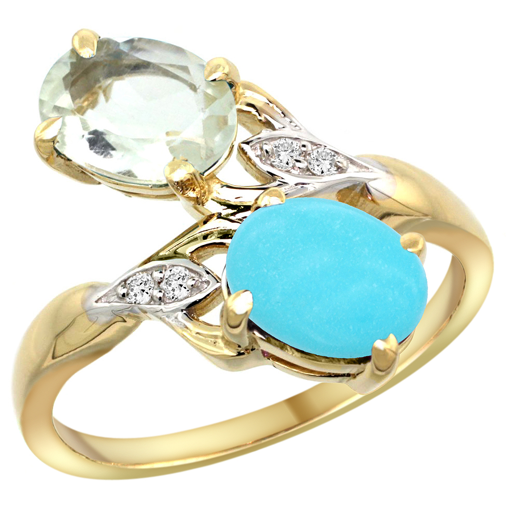 10K Yellow Gold Diamond Natural Green Amethyst &amp; Turquoise 2-stone Ring Oval 8x6mm, sizes 5 - 10