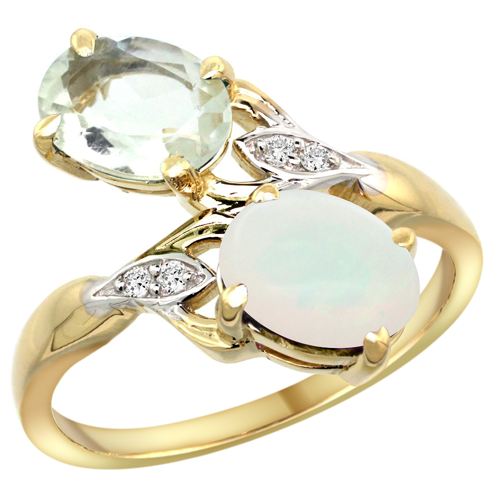 14k Yellow Gold Diamond Natural Green Amethyst &amp; Opal 2-stone Ring Oval 8x6mm, sizes 5 - 10