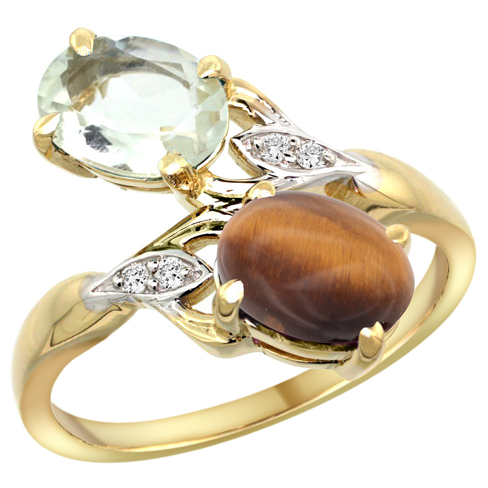 10K Yellow Gold Diamond Natural Green Amethyst & Tiger Eye 2-stone Ring Oval 8x6mm, sizes 5 - 10