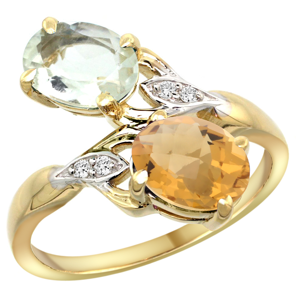 10K Yellow Gold Diamond Natural Green Amethyst & Whisky Quartz 2-stone Ring Oval 8x6mm, sizes 5 - 10