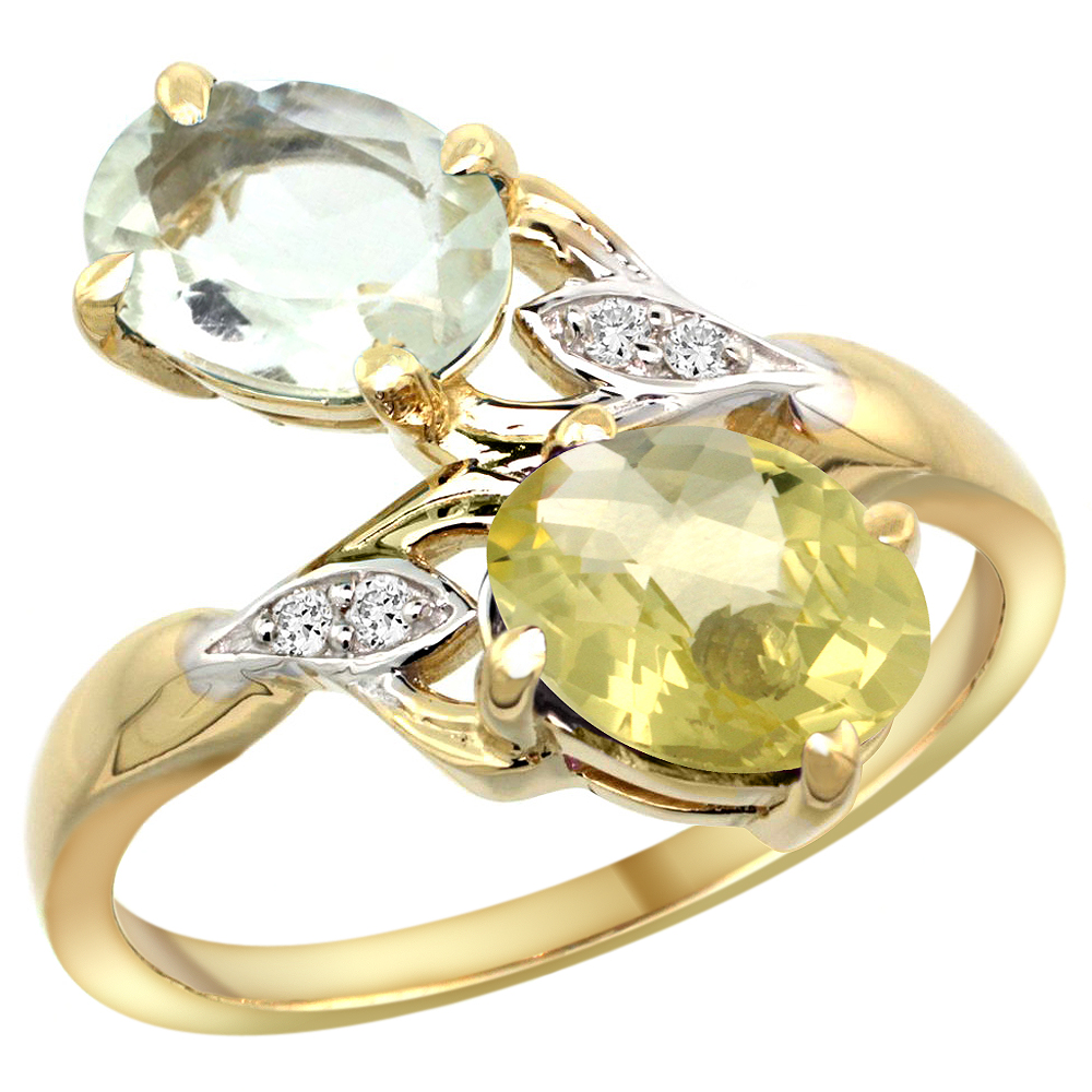 14k Yellow Gold Diamond Natural Green Amethyst &amp; Lemon Quartz 2-stone Ring Oval 8x6mm, sizes 5 - 10