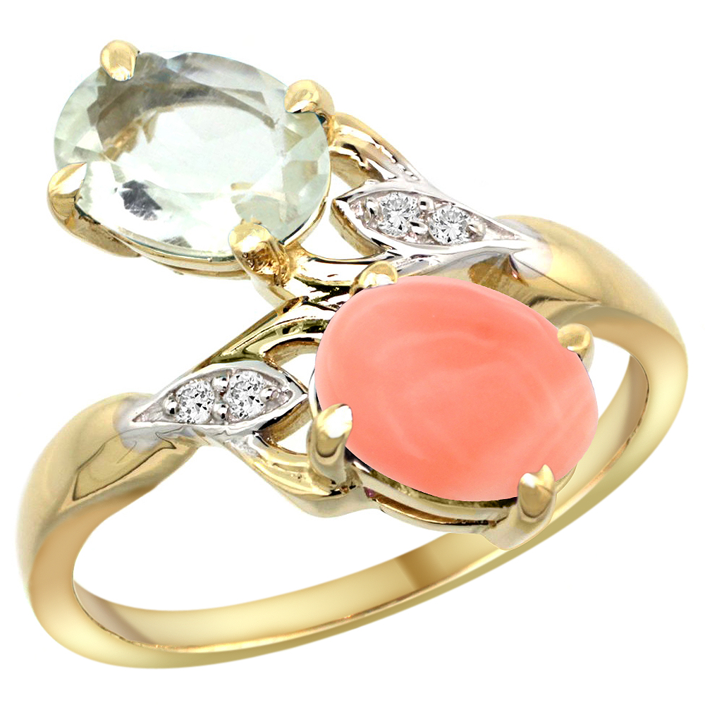 14k Yellow Gold Diamond Natural Green Amethyst &amp; Coral 2-stone Ring Oval 8x6mm, sizes 5 - 10