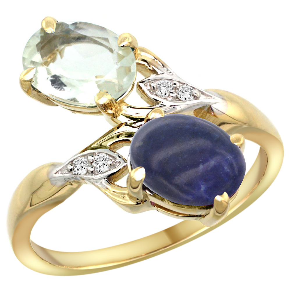 10K YELLOW GOLD DIAMOND NATURAL GREEN AMETHYST & LAPIS 2-STONE RING OVAL 8X6MM, SIZES 5 - 10