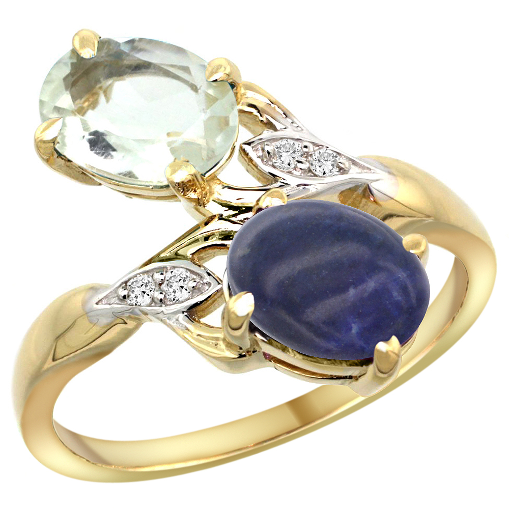 14k Yellow Gold Diamond Natural Green Amethyst & Lapis 2-stone Ring Oval 8x6mm, sizes 5 - 10