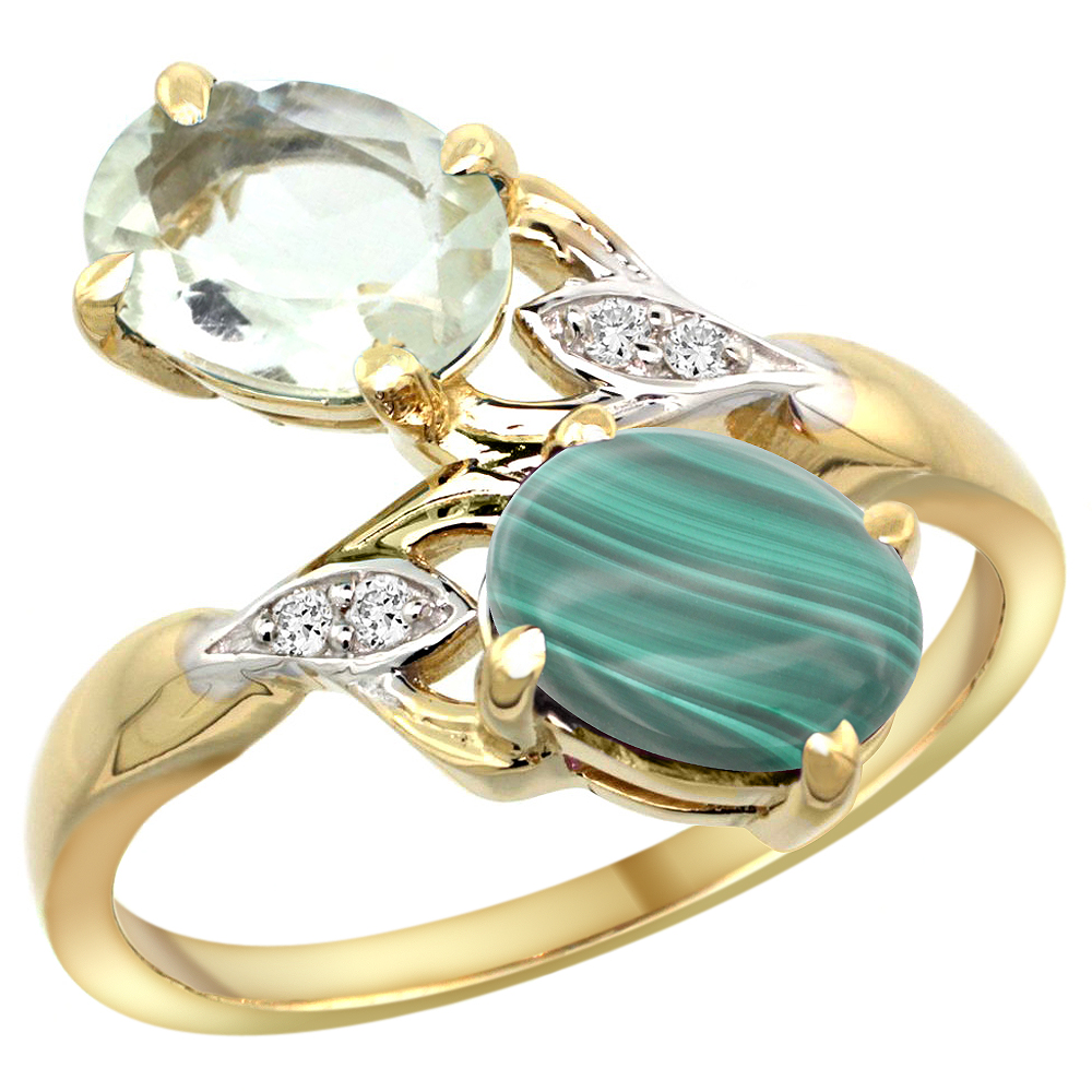 10K YELLOW GOLD DIAMOND NATURAL GREEN AMETHYST & MALACHITE 2-STONE RING OVAL 8X6MM, SIZES 5 - 10