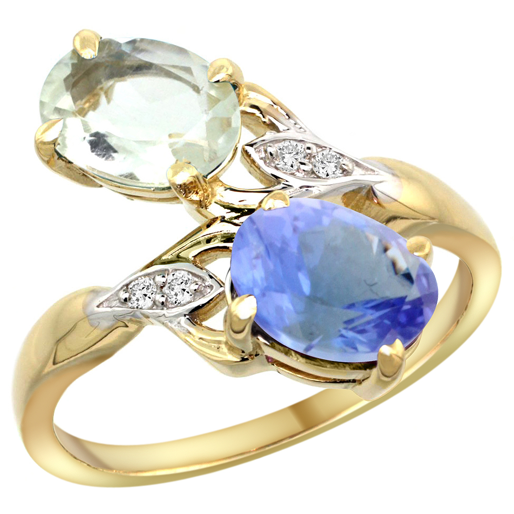 10K YELLOW GOLD DIAMOND NATURAL GREEN AMETHYST & TANZANITE 2-STONE RING OVAL 8X6MM, SIZES 5 - 10
