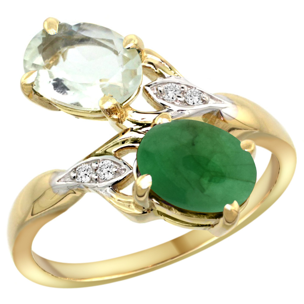 10K Yellow Gold Diamond Natural Green Amethyst &amp; Cabochon Emerald 2-stone Ring Oval 8x6mm, sizes 5 - 10