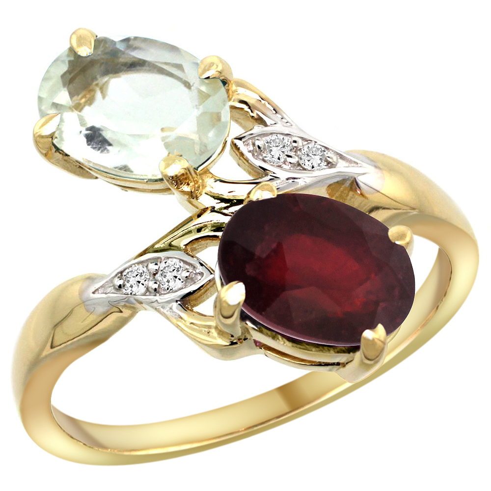 10K Yellow Gold Diamond Natural Green Amethyst & Quality Ruby 2-stone Mothers Ring Oval 8x6mm, size 5-10