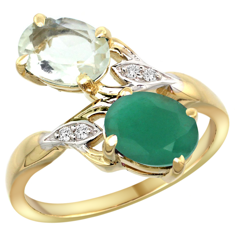 14k Yellow Gold Diamond Natural Green Amethyst &amp; Quality Emerald 2-stone Mothers Ring Oval 8x6mm,sz5 - 10